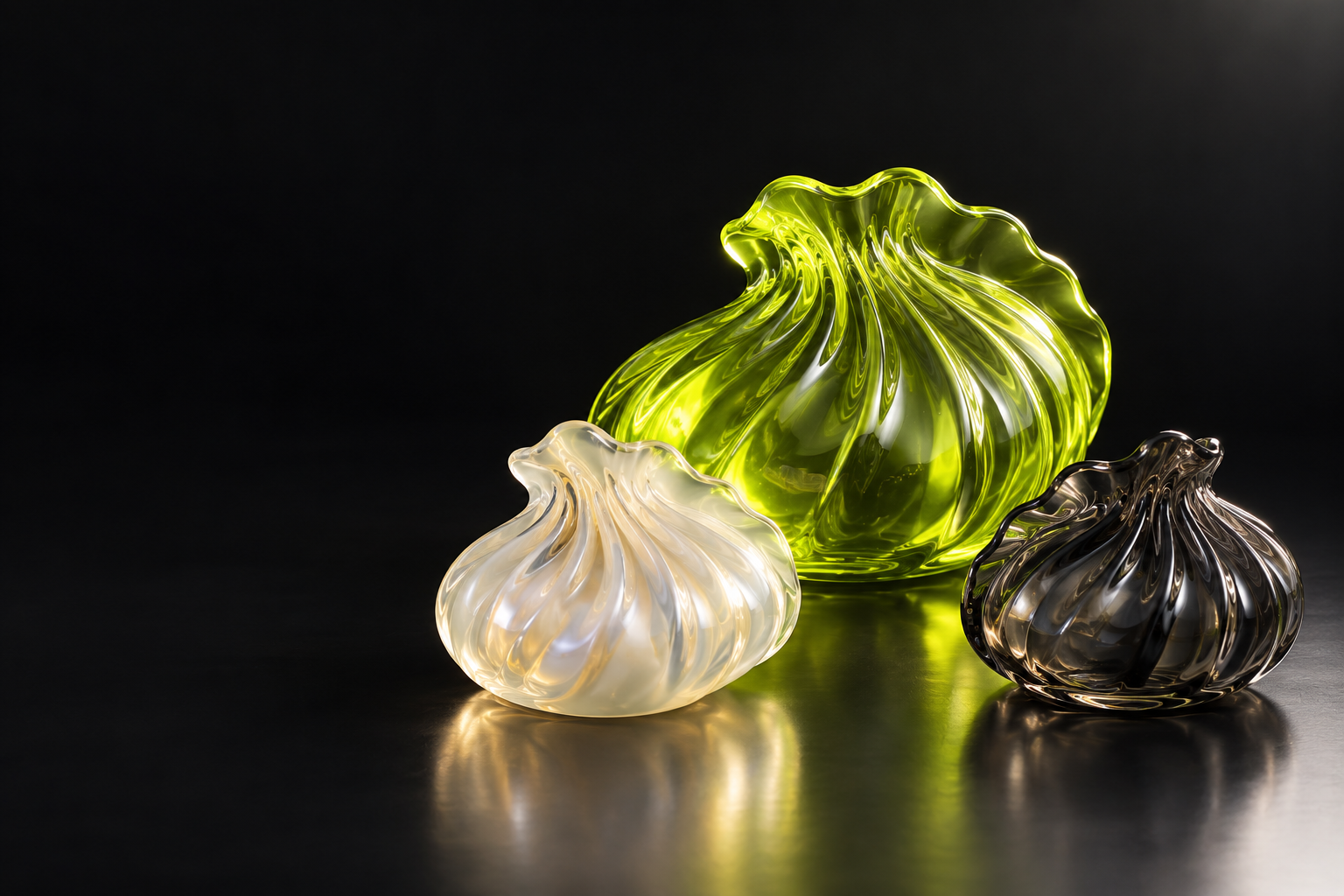 Sculptural glass dumplings in lime green, pearl white, and dark charcoal